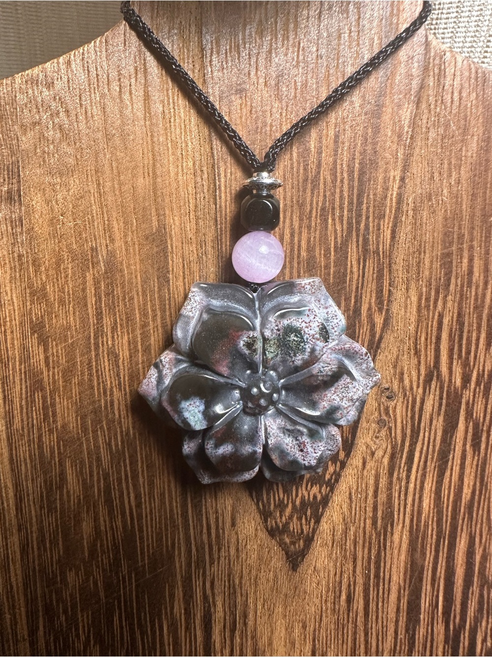 Ocean Jasper Pendant Necklace with Kunzite on Thin Black Adjustable Rope - Picture 8 of 16